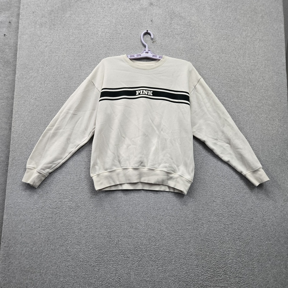 PINK Victoria's Secret Women Sweatshirt M White Striped Fleece Logo Spellout